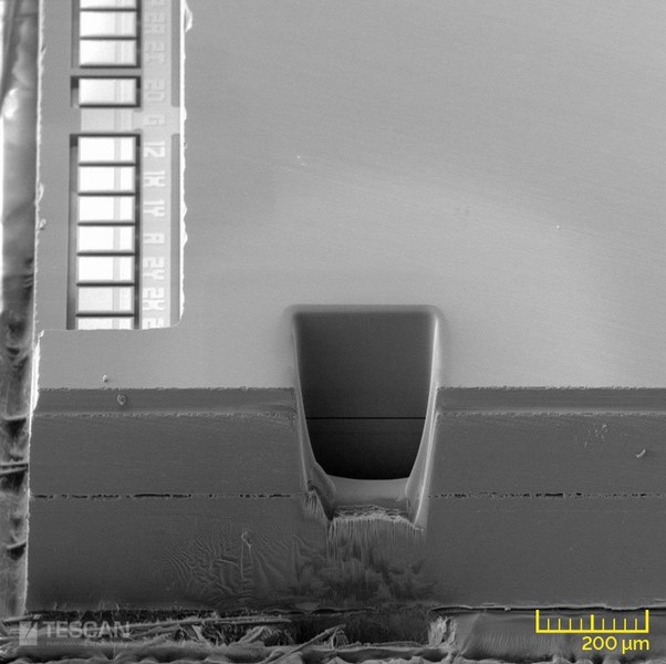 FIB-cross-section of MEMS revealing the site of interest located at more than 200 μm below the surface