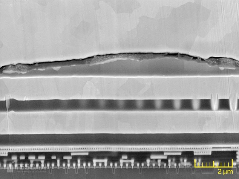 Magnified image of Cu bond showing a crack at the interface causing failure