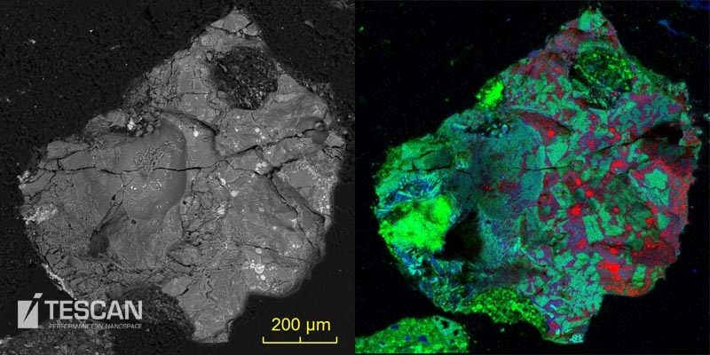 Copper rich glass particle imaged by a BSE detector and characterized by EDS