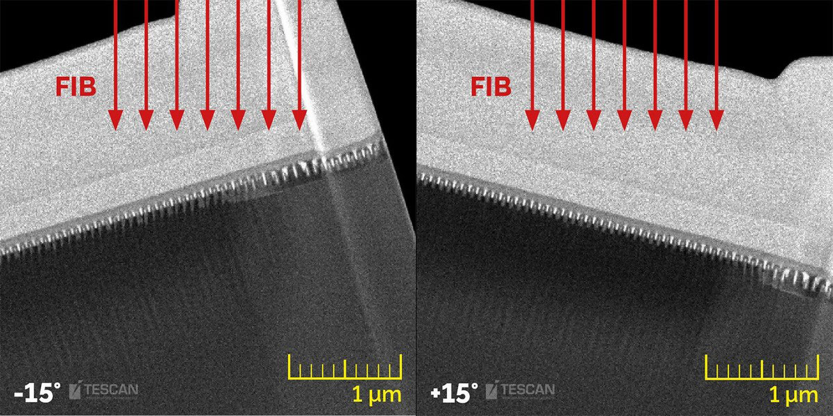 14 nm technology node Intel processor. Rocking Stage helps to mitigate curtaining on the TEM lamella by consecutive tilts of the sample to +/- 15° during lamella thinning