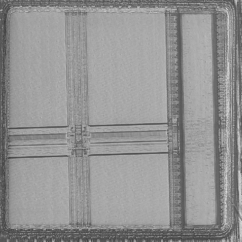 Overview of a 100 μm × 100 μm delayered window on a 10 nm technology node